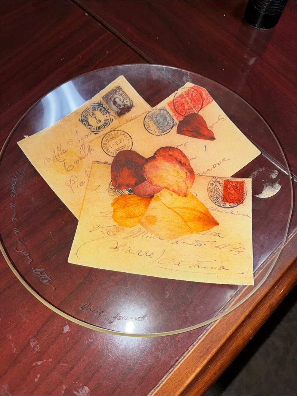 Clear Glass Round Trivet with Vintage Floral Postcard Design - Clear